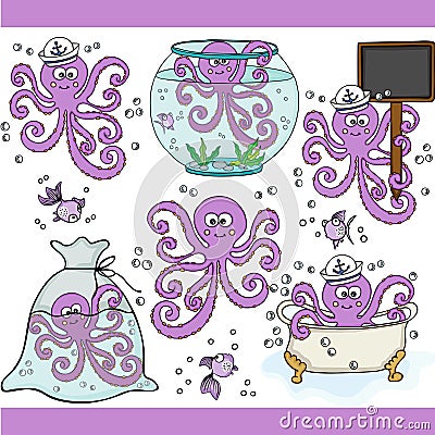 Cute purple octopus set digital elements Vector Illustration