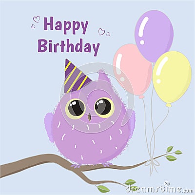 Cute purple owl happy birthday vector card. Stock Photo