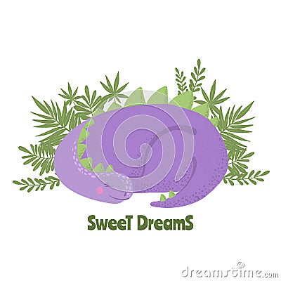 Cute purple sleeping dinosaur with green leaves Vector Illustration