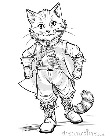 Cute Puss in Boots cat character cartoon in black and white lines - coloring page for kids from an activity book Stock Photo