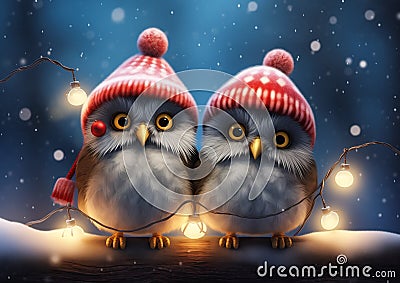 Cute and Quirky: A Tale of Two Owls, Branch Lights, and a Boy wi Stock Photo