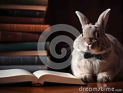 Cute rabbit with book about bedtime stories in library Stock Photo