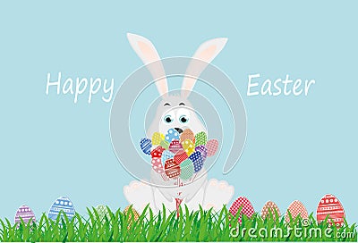 Cute rabbit with a bouquet of Easter eggs. A hare with flowers sits Stock Photo