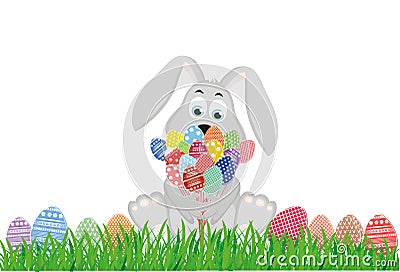 Cute rabbit with a bouquet of Easter eggs. A hare with flowers sits on the grass. Stock Photo