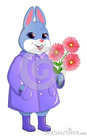 Cute rabbit with a bouquet of gerberas. Vector Illustration