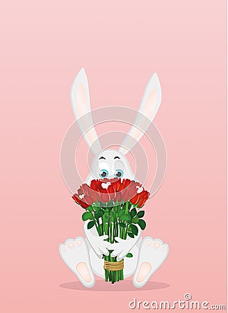 Cute rabbit with a bouquet of red roses. A hare with flowers. Stock Photo