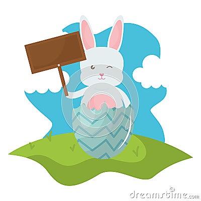 Cute rabbit with broken easter egg painted in the field Vector Illustration