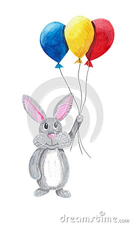 Cute rabbit bunny flying with colorful air baloons on white background. Watercolor gouache hand drawn illustrations Cartoon Illustration