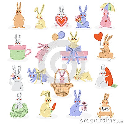 Cute Rabbit or Bunny with Long Ears Engaged in Different Activity Big Vector Set Vector Illustration
