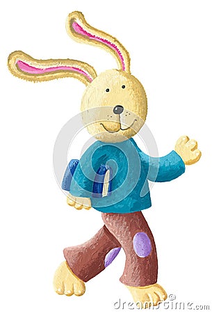 A cute rabbit carries a book under his arm and goes to school Cartoon Illustration
