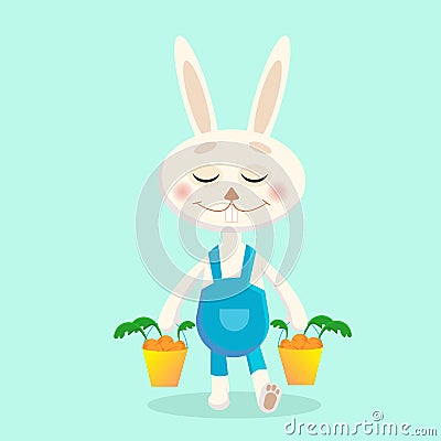 Cute Rabbit cartoon character. Bunny with carrots in bucket. Vector illustration Vector Illustration