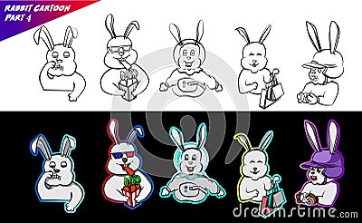 Cute rabbit cartoon coloring book page funny expression happy bunny set bundle hand drawn, astronaut, baseball, crying, shopping, Vector Illustration