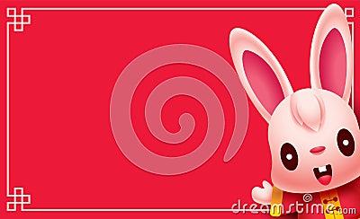 Cute rabbit cartoon greetings on blank red banner. 2023 Chinese new year zodiac banner template. Year of the rabbit Vector Illustration