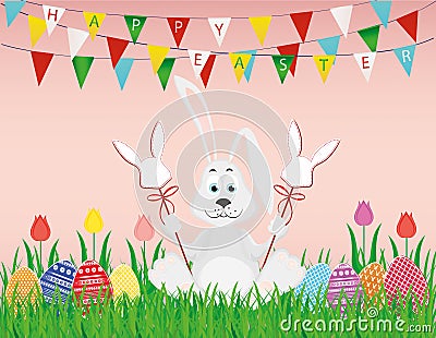 Cute rabbit with easter bunnies on a stick with red bows. The hare sits Stock Photo