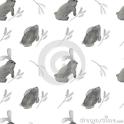 Cute rabbit with Easter pussy willow branch on a white background. Vector Illustration