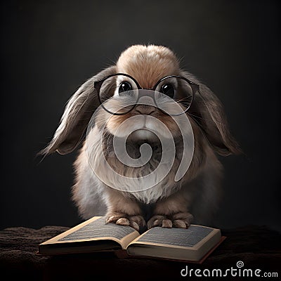 Cute rabbit with eyeglasses and book about bedtime stories Stock Photo