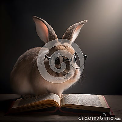 Cute rabbit with eyeglasses and book about bedtime stories Stock Photo