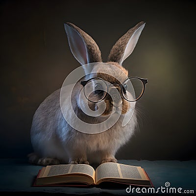 Cute rabbit with eyeglasses and book about bedtime stories Stock Photo