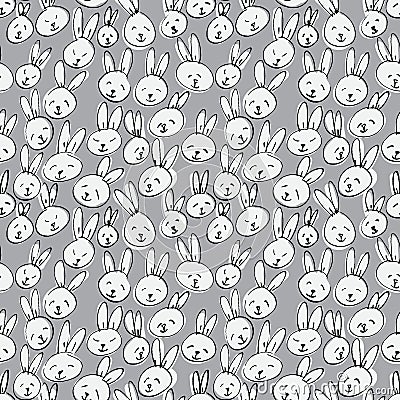 Cute rabbit face pattern. Seamless hand drawn background. Vector Illustration