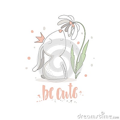 Cute rabbit with flower and inscription Vector Illustration