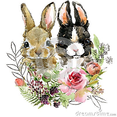 Cute rabbit. forest animal illustration. watercolor hare Cartoon Illustration