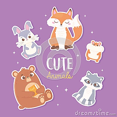 Cute rabbit fox bear hamster and raccoon cartoon animals stickers Vector Illustration