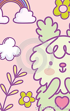 Cute rabbit heart flowers rainbow clouds cartoon decoration Vector Illustration