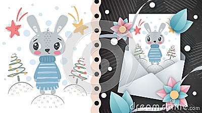 Cute rabbit - idea for greeting card. Vector Illustration