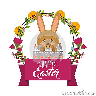 Cute rabbit inside broken egg frame floral decoration happy easter Vector Illustration