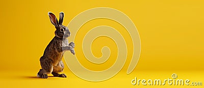 Cute Rabbit isolated on yellow background, Banner with copy space. Generative AI Stock Photo