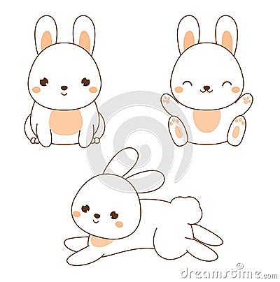 Cute rabbit. Kawaii Bunny. White hare sitting and jumping. Cartoon animal character for kids, toddlers and babies fashion Vector Illustration