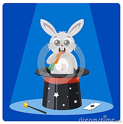 Cute rabbit in a magic hat gnaws carrots. Vector Illustration