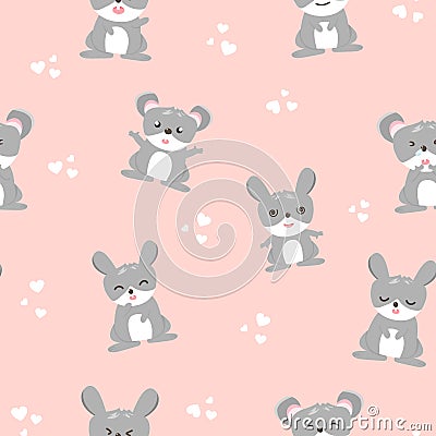 Cute rabbit and mouse, rodent animal, pink baby with heart seamless pattern adorable using for kids background texture vector Vector Illustration