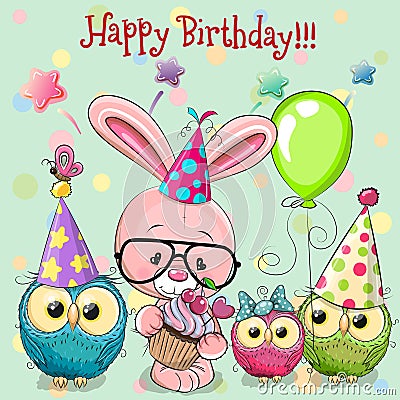 Cute Rabbit and owls with balloon and bonnets Vector Illustration