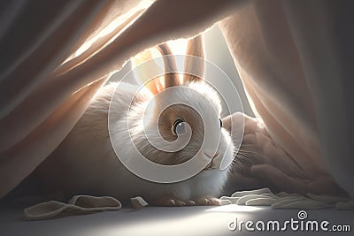 Cute rabbit peeks out from under the blanket, generated by AI Stock Photo