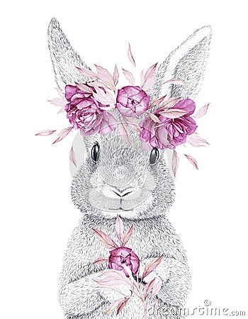 Cute Rabbit. Pencil Draw. Floral Crown. Pink watercolor flower. Woodland animals. Nursery DÃ©cor Stock Photo