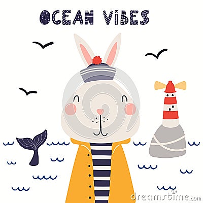 Cute rabbit sailor, lighthouse, sea waves, text Vector Illustration