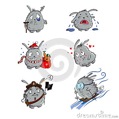 Cute rabbit set. Grey funny rabbit with presents, hearts, skiing, rabbit pirat, crying and sick rabbit. Vector Illustration