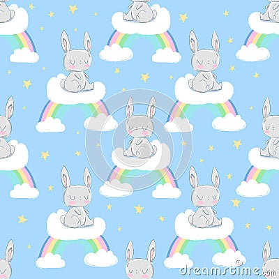 cute rabbit sitting on a rainbow cute illustration pattern seamless, children print textile design Cartoon Illustration