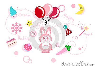 Cute rabbit story collection, celebration, party and holiday pin Vector Illustration