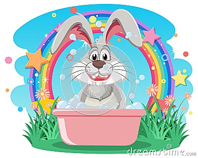 Cute rabbit taking a bath in the garden Vector Illustration