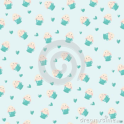 Cute rabbit in teacup and hearts illustration, seamless pattern on blue background Vector Illustration