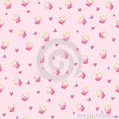 Cute rabbit in teacup and hearts illustration, seamless pattern on pink background Vector Illustration