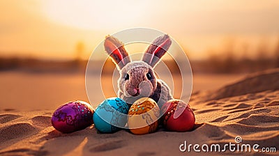 Cute rabbit toy and colorful painted easter eggs in the desert under sunshine. Shallow depth of field. Concept of happy easter day Stock Photo