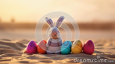 Cute rabbit toy and colorful painted easter eggs in the desert under sunshine. Shallow depth of field. Concept of happy easter day Stock Photo