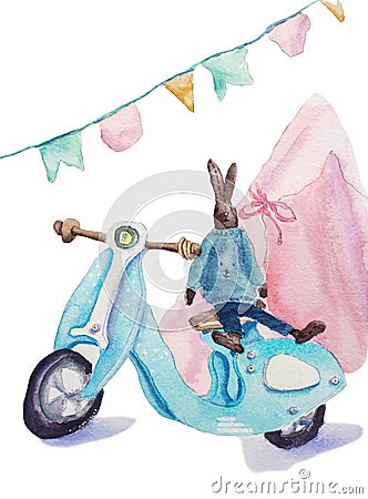 Cute rabbit toy, wooden blue scooter and pink teepee Stock Photo