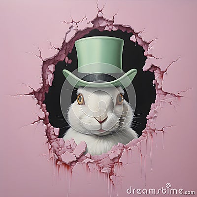 cute rabbit wearing a green top hat, AI generated Stock Photo