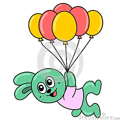 cute rabbits are being carried flying with lots of balloons Vector Illustration