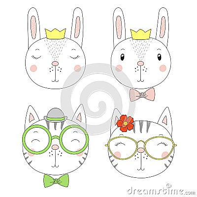 Cute rabbits and cats girls and boys portraits Vector Illustration