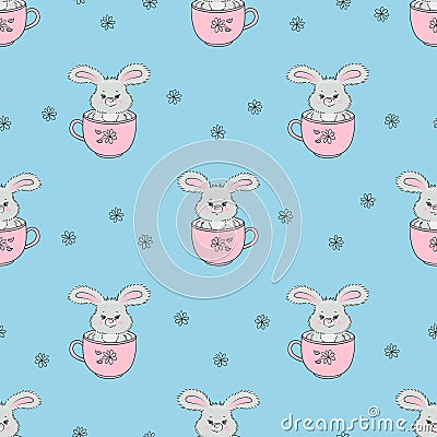 Cute rabbits in cups seamless pattern Vector Illustration